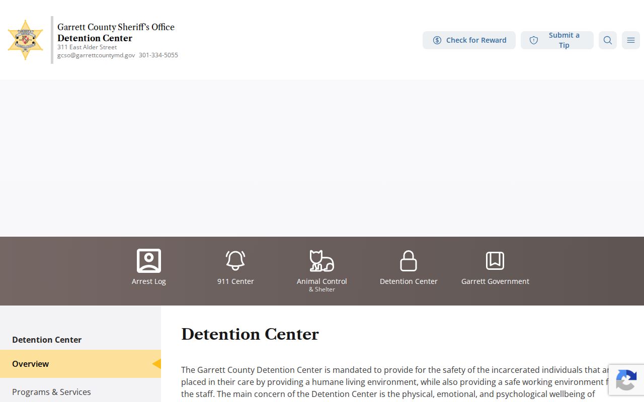 Garrett County Sheriff's Office Detention Center information page