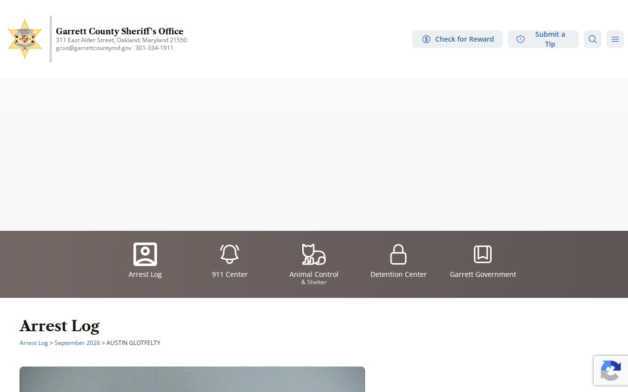 Official Garrett County arrest-log detail interface showing its public fields