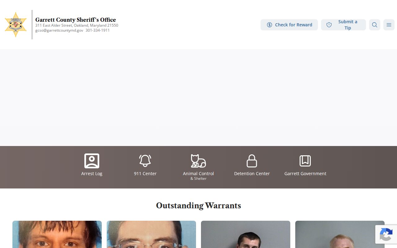 Garrett County Sheriff home page with recent arrests and warrant information