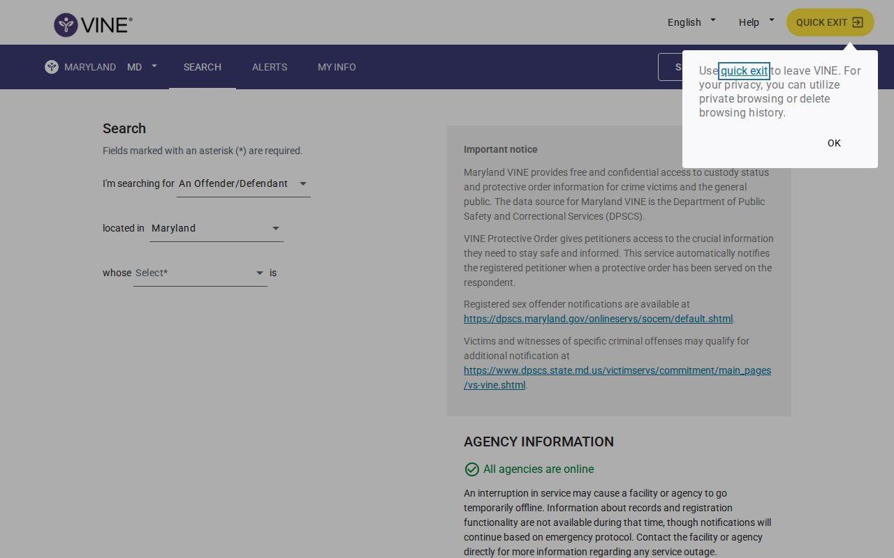 VINELink Maryland person search interface used for Garrett County custody records
