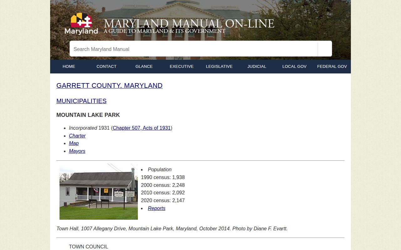 Maryland Manual page for Mountain Lake Park municipal information